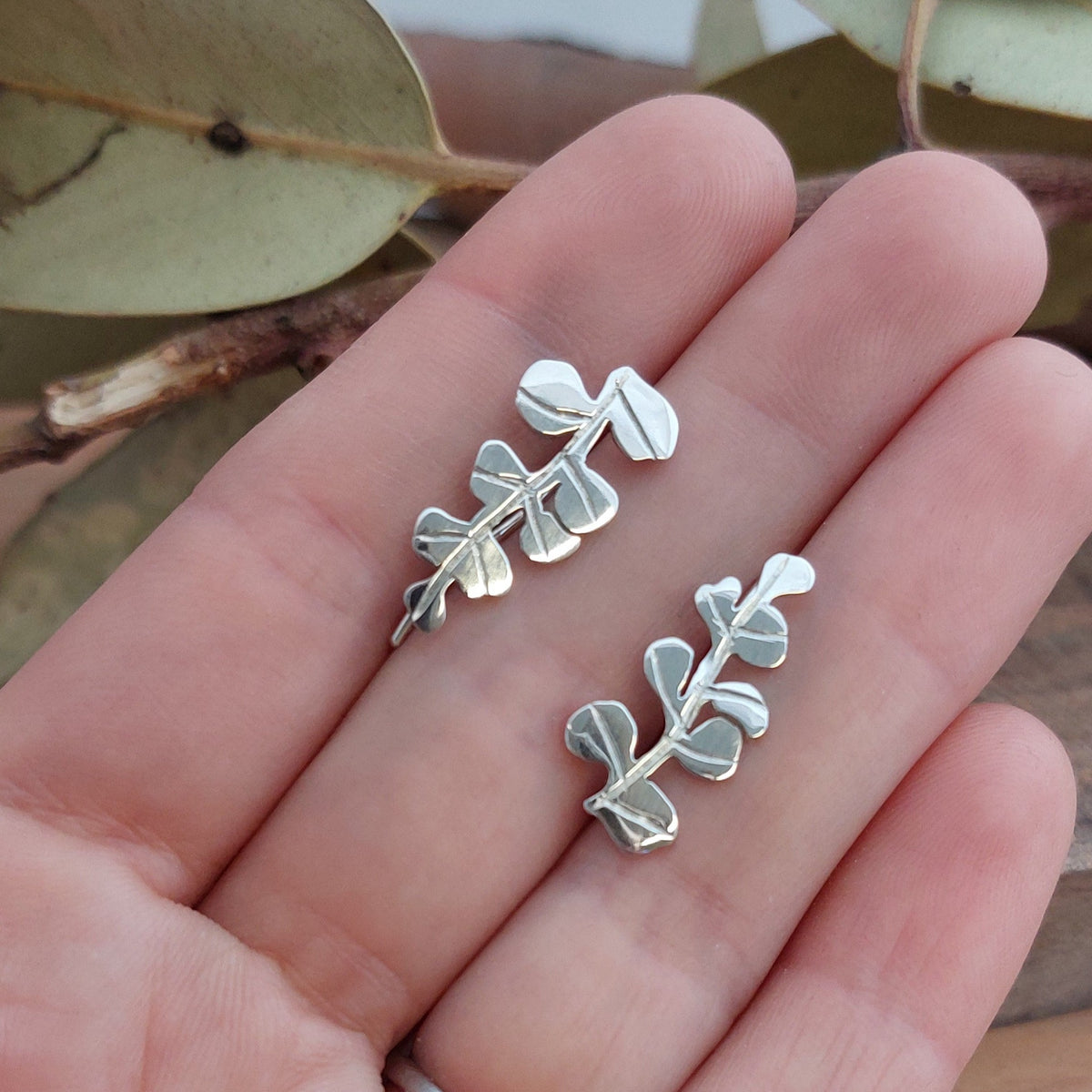 Ear Creepers - Round gum leaf branch – Hulley Jewellery