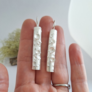 Sterling silver lichen branch earrings on hand