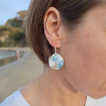 Load image into Gallery viewer, Sterling Silver beach rock lichen inspired dangle earrings with blue, white and black powder coating. Handmade in Tasmania by Karen Visagie from Hulley Jewellery
