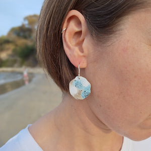 Sterling Silver beach rock lichen inspired dangle earrings with blue, white and black powder coating. Handmade in Tasmania by Karen Visagie from Hulley Jewellery