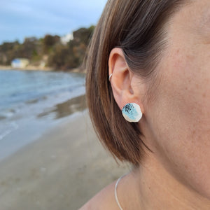 Sterling Silver beach rock lichen inspired stud earrings with blue, white and black powder coating. Handmade in Tasmania by Karen Visagie from Hulley Jewellery