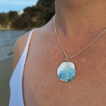 Load image into Gallery viewer, Sterling silver beach rock lichen necklace with blue, white and black powder coat on an adjustable sterling silver chain. Handmade in Tasmania by Karen Visagie from Hulley Jewellery
