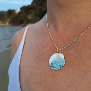 Sterling silver beach rock lichen necklace with blue, white and black powder coat on an adjustable sterling silver chain. Handmade in Tasmania by Karen Visagie from Hulley Jewellery