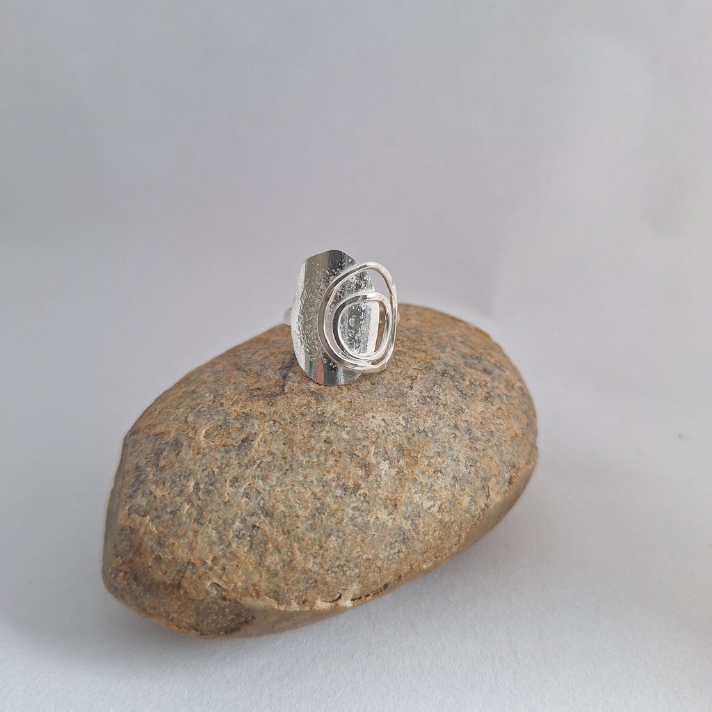 Sterling Silver organic shape and texture Beach Boulder ring handmade in Tasmania by Karen Visagie from Hulley Jewellery