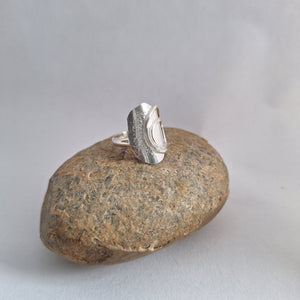 Sterling Silver organic shape and texture Beach Boulder ring handmade in Tasmania by Karen Visagie from Hulley Jewellery