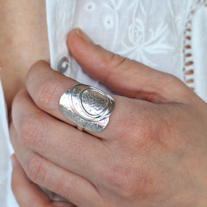 Sterling Silver organic shape and texture Beach Boulder ring handmade in Tasmania by Karen Visagie from Hulley Jewellery