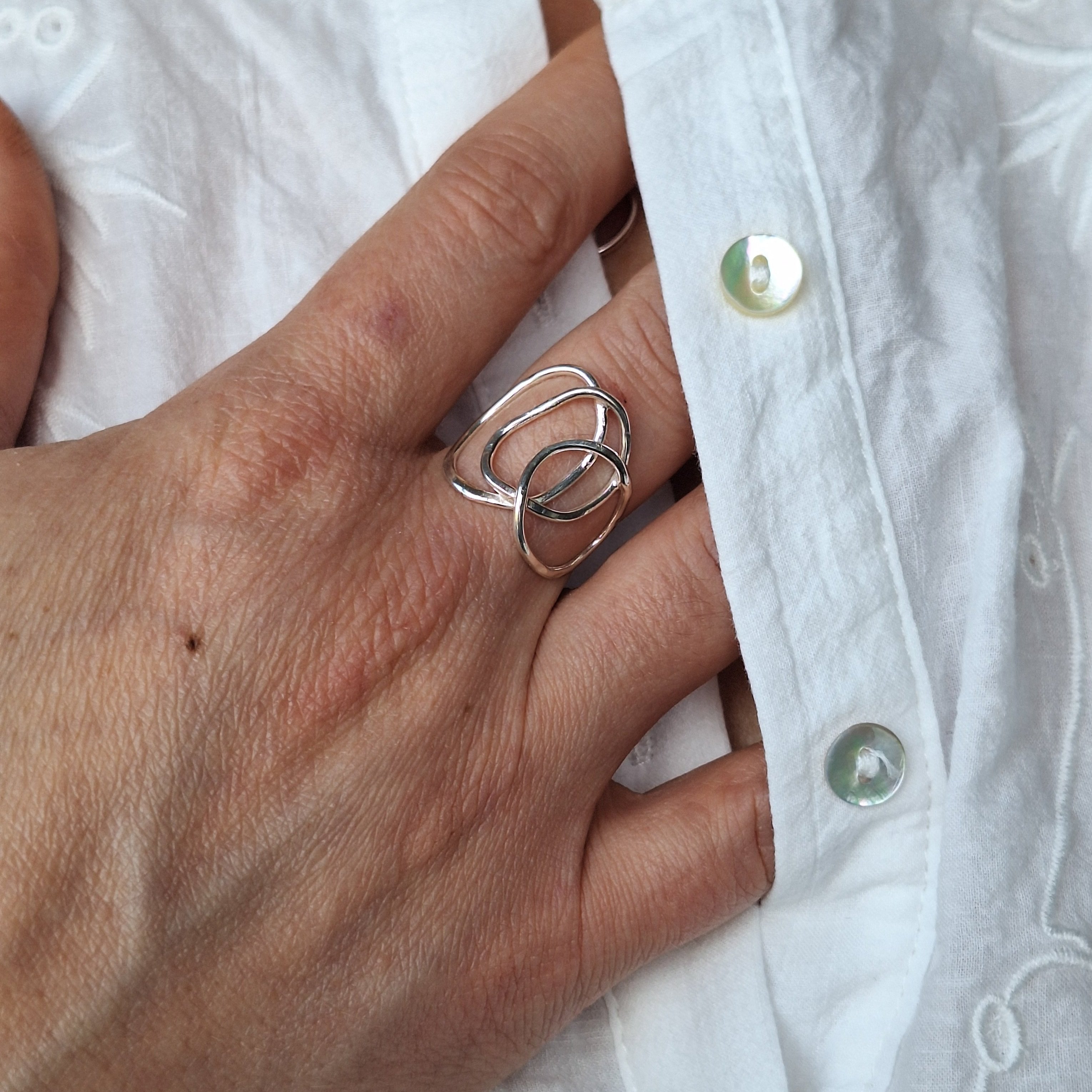 Sterling Silver organic shape and texture Beach Boulder ring handmade in Tasmania by Karen Visagie from Hulley Jewellery