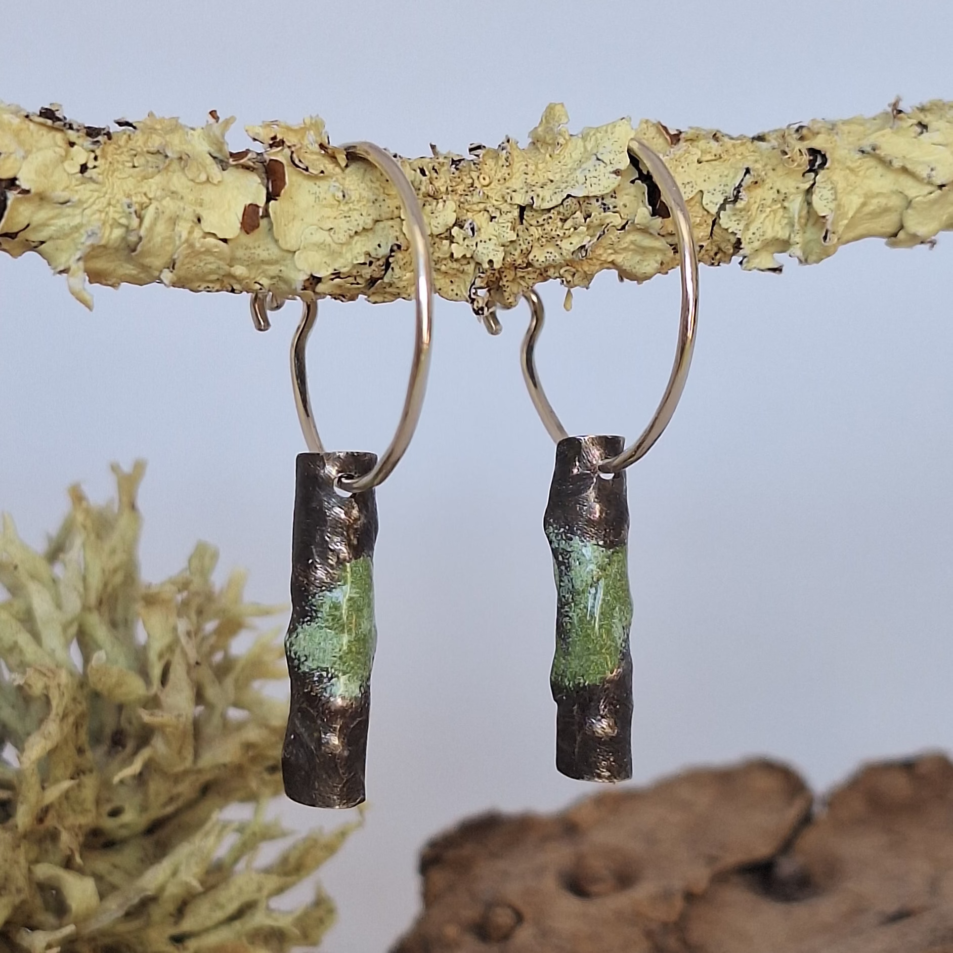 Sterling silver hoop earrings with powder coat accents hanging on lichen covered twig