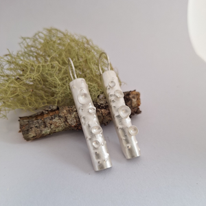 Large Frosted or blackened sterling silver statement earrings with domed lichen cup or green powder coated details inspired by lichens on forest trees. Handmade in Tasmania by Karen Visagie from Hulley Jewellery