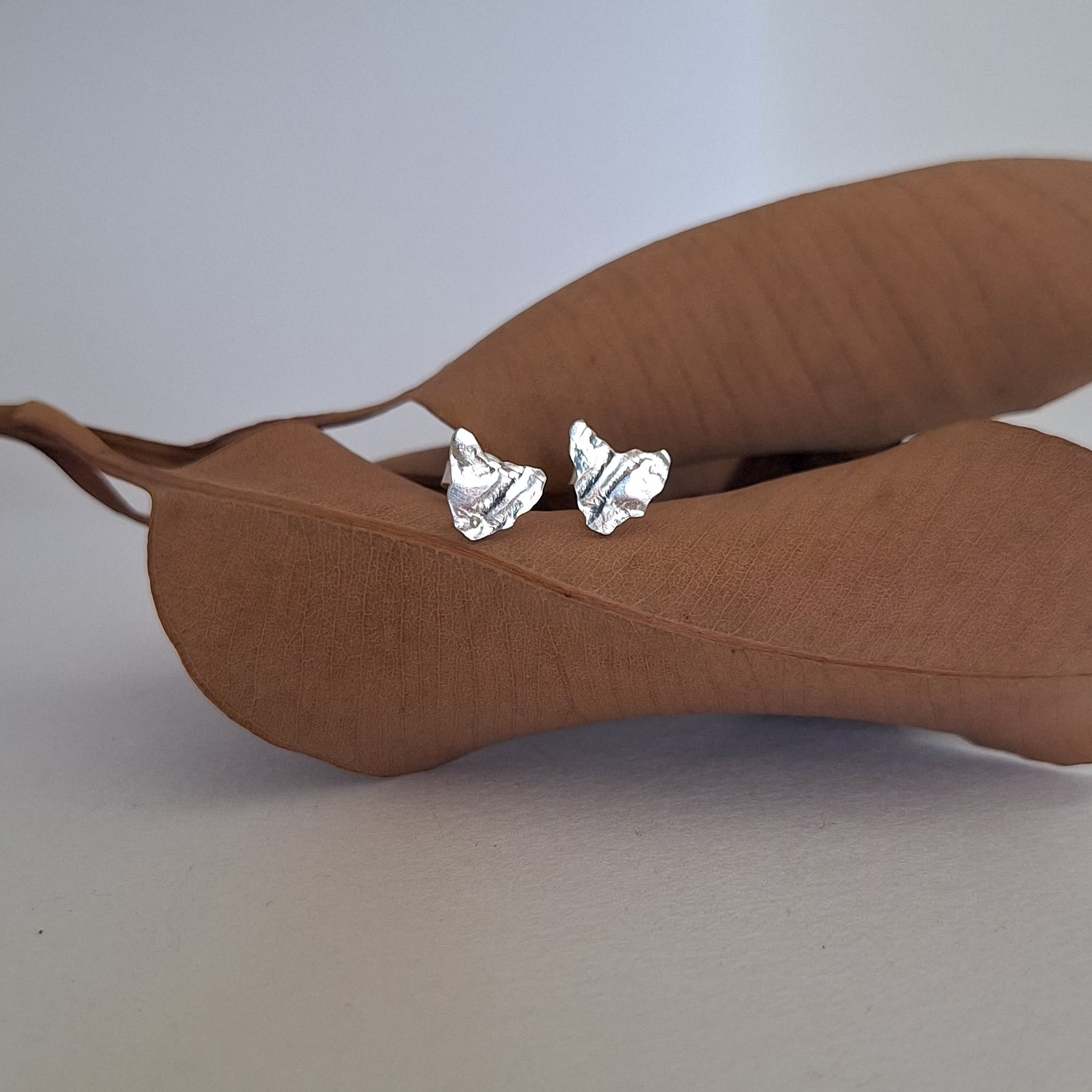 Sterling silver Tasmania studs pictured on a leaf